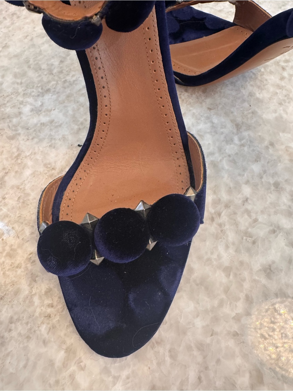 Alaia Navy Satin Pom-Pom Ankle-Strap Heels - Picture 15 of 16